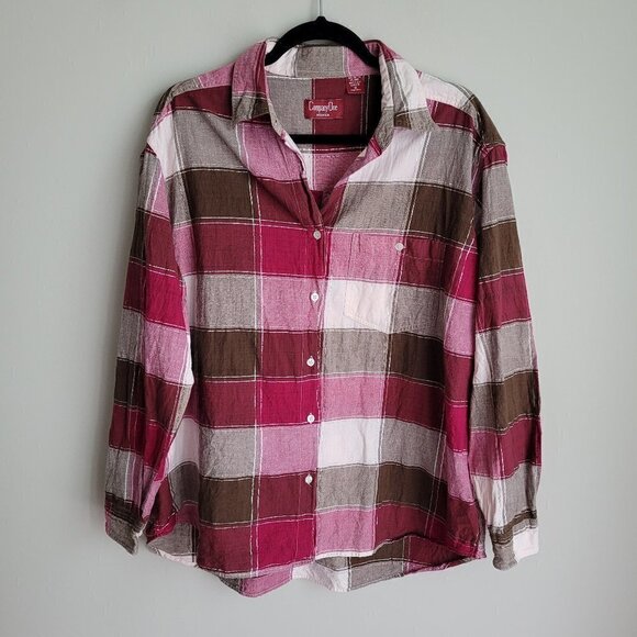 Vintage 90s Cotton Brown Cream Pink Checks Metallic Thread Button Down Shirt - Picture 1 of 7